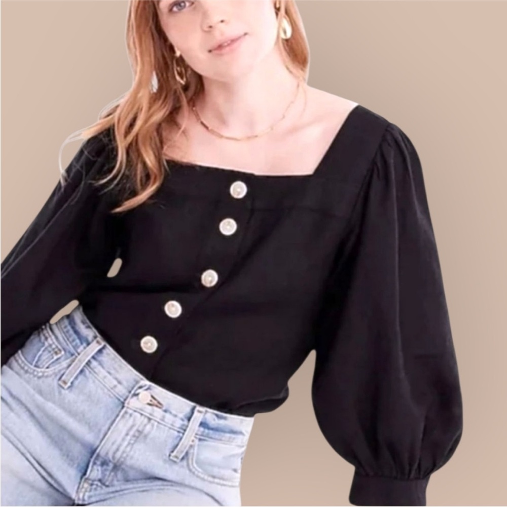 J. Crew Black Square-Neck Button-Front Top